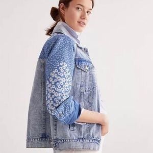 Avec Les Filles Blue Floral Quilted Cotton Sleeve Denim Jean Jacket Size Small